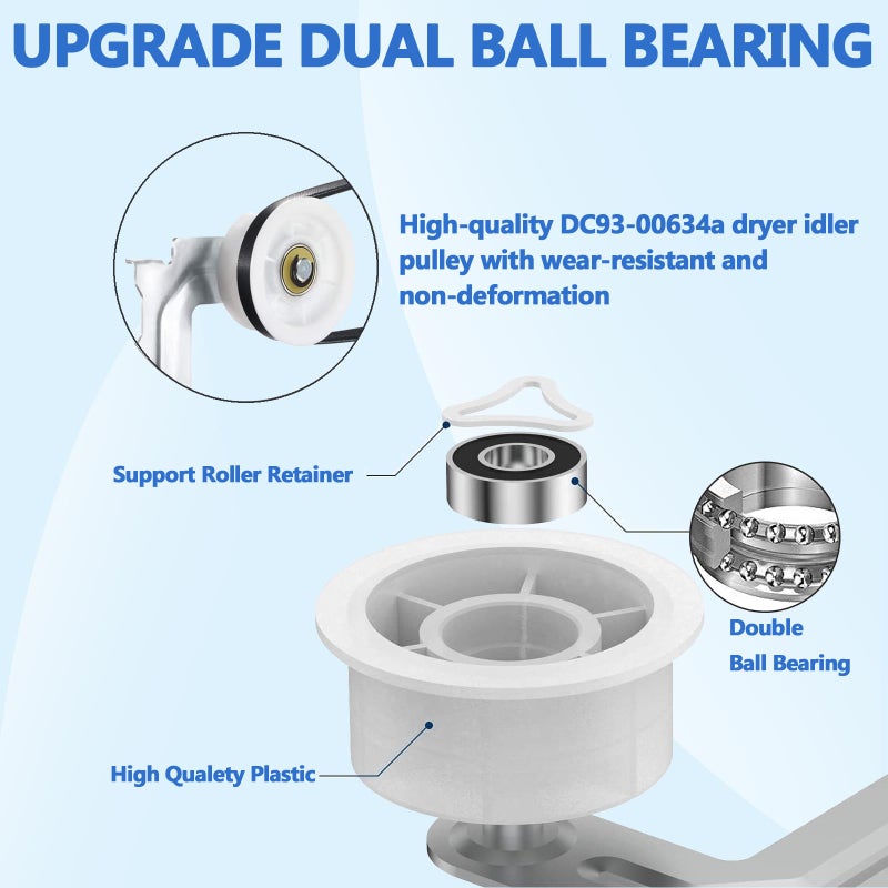 LFORBB ã€Upgradedã€‘Dryer Roller Replacement Part for Samsung DV42H5000EWA3 DV45H7000EWA2 DV48H7400EWA2 DV42H5200EPA3 DV40J3000EWA2, DC97-16782A Dryer Roller DC93-00634A Idler Pulley 6602-001655 Dryer Belt Kit - Image 4